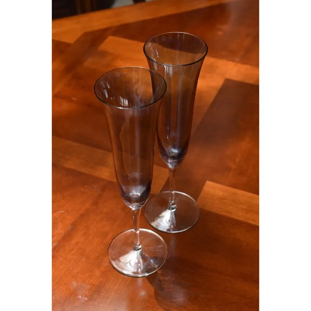 Set of 2 - Vintage Tall Champagne Flutes Vertical Panel Cut Crystal Stemware